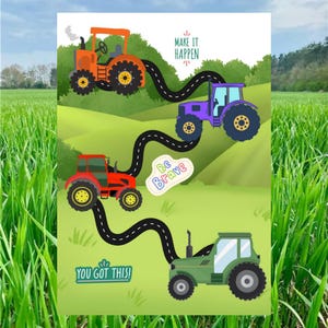 May include: A colorful illustration featuring four tractors in orange, purple, red, and green, each on a winding road across a green landscape. The image includes the phrases "Make it Happen", "Be Brave", and "You Got This!"