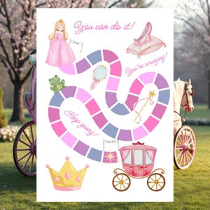 May include: A watercolor princess-themed board game with a pink and purple path. The game features illustrations of a princess, frog, crown, carriage, and other fairytale elements. Text includes "You can do it!", "Keep going!", and "You're amazing!"