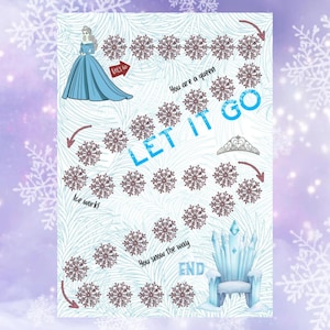May include: A winter-themed board game in light blue and white. It features a cartoon princess in a blue dress, snowflakes, and the text "LET IT GO". The game board includes the text "Ice work!" and "You snow the way".