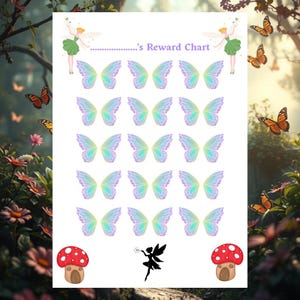 May include: A reward chart featuring a fairy theme. The chart has a dotted line for a name, rows of iridescent butterfly wings, and illustrations of fairies, mushrooms, and a fairy silhouette. The background is a whimsical forest scene with butterflies.
