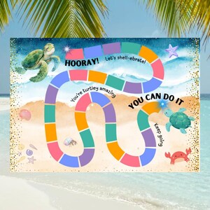 May include: A colorful board game with a beach theme, featuring a winding path and encouraging phrases like "You Can Do It" and "Keep Going." The game board includes illustrations of turtles, a crab, and seashells. The words "HOORAY!" and "Let's shell-ebrate!" are also visible.