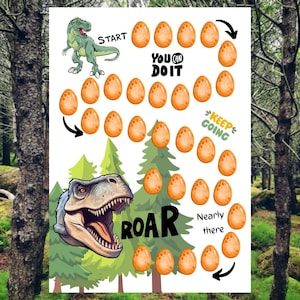 Puede incluir: Un papel blanco con temática de dinosaurios. El diseño incluye un Tyrannosaurus Rex verde, huevos naranjas y las palabras "START", "YOU CAN DO IT", "KEEP GOING", "ROAR" y "Nearly there".
