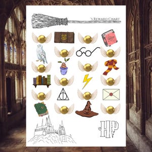 May include: A white reward chart featuring illustrations of a broom, a snowy owl, books, a lightning bolt, and other magical themed images. The text "'S REWARD CHART" is at the top, and the letters "HP" are at the bottom.