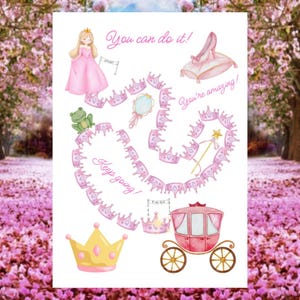 May include: Watercolor illustration featuring a princess theme. The image includes a princess in a pink gown, a frog, a carriage, crowns, a magic wand, and text that reads "You can do it!", "Keep going!", and "You're amazing!"