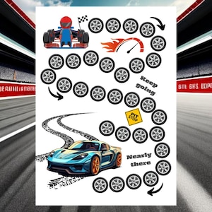 Può includere: Illustrazione digitale a tema corse. Raffigura un'auto da corsa, un'auto sportiva e un percorso di pneumatici. L'immagine include un tachimetro, una bandiera a scacchi e le frasi "Keep going" e "Nearly there".