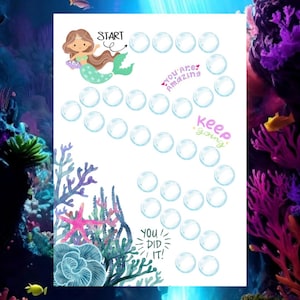 Puede incluir: Un gráfico de recompensas con temática de sirenas con una sirena de dibujos animados, burbujas y frases de ánimo. El gráfico presenta un camino de burbujas, con las palabras "START", "You Are Amazing", "Keep Going" y "You Did It!" impresas.