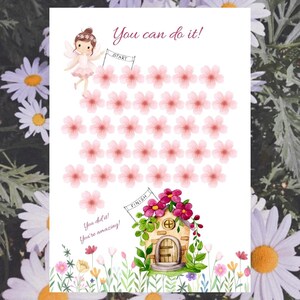 Può includere: Un grafico motivazionale con una fata, fiori rosa e una casetta. Il testo "You can do it!" è in alto, con bandiere "Start" e "Finish". In basso c'è scritto "You did it! You're amazing!"
