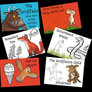 May include: A set of illustrated cards from "The Gruffalo" children's book. The cards, in red and blue, depict characters such as the Gruffalo, a fox, and a mouse, with text like "Give him some terrible teeth" and "Oh no!"