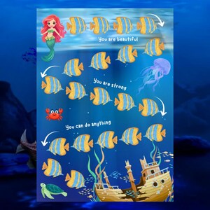May include: An underwater-themed illustration featuring a mermaid, fish, and a sunken ship. The text reads "You are beautiful," "You are strong," and "You can do anything." The color palette includes blues, yellows, and greens.