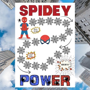 May include: A white poster titled "SPIDEY POWER" featuring a winding path of black spiderweb icons. It includes a cartoon superhero figure, a red and blue mask, and three speech bubbles with the text "YOU GOT THIS HERO", "WITH GREAT POWER COMES GREAT RESPONSIBILITY", and "YOU DID IT!"