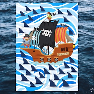 May include: A cartoon illustration of a pirate ship sailing on blue water with shark fins. The ship has a brown hull, black sails with a skull and crossbones, and a striped sail. The text "You can do it!" is on the ship.