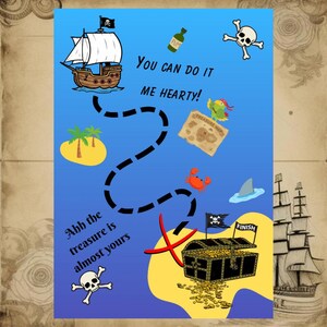 May include: A pirate-themed illustration on a blue background. It features a treasure map with a ship, island, crab, shark fin, and treasure chest. Text includes "You can do it me hearty!" and "Ahh the treasure is almost yours."