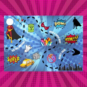 May include: A colorful superhero-themed illustration with a central burst design. Features a superhero figure, comic book style text bubbles saying "POW!" and "BOOM!!!", a taxi, and other superhero-related icons. The words "SUPER", "YOU ARE SMASHING IT", "WHAT A SUPER HERO", and "NEARLY THERE" are also present.