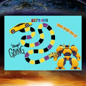 May include: A motivational graphic on a teal background features a yellow race car, a board game path, and a yellow robot. Text includes "Let's Go!", "You Can Do It", "Keep Going", and "Yes!"