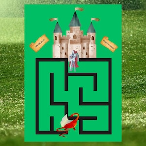 May include: A green poster with a castle, knight, and dragon illustration. A maze is in the center. The text "THEY CAN DO IT!" and "BELIEVE IN YOURSELF!" are on scrolls. The castle has gray turrets and tan walls. A red dragon is at the maze's end.
