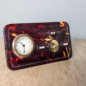Bakelite table calendar table clock miniature painting Art Deco antique perpetual calendar