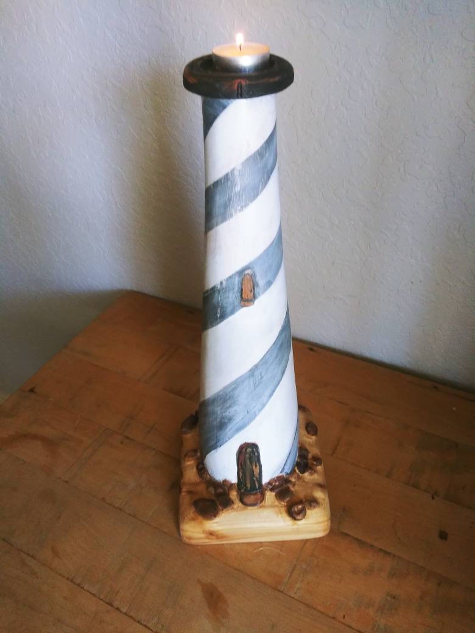 Wood Carved Lighthouse Candle Holder Etsy