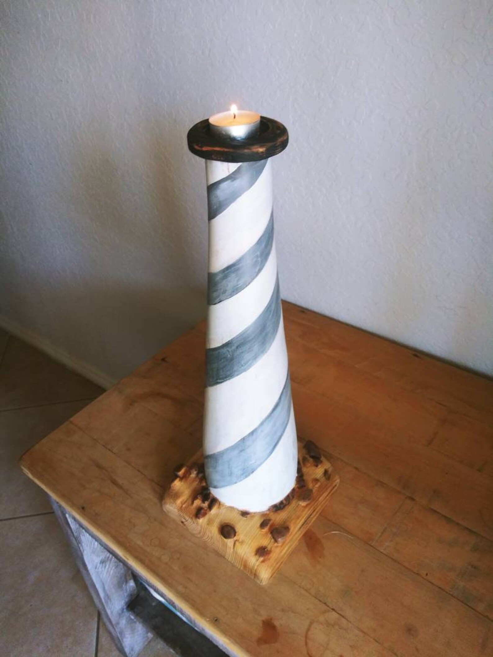 Wood Carved Lighthouse Candle Holder Etsy