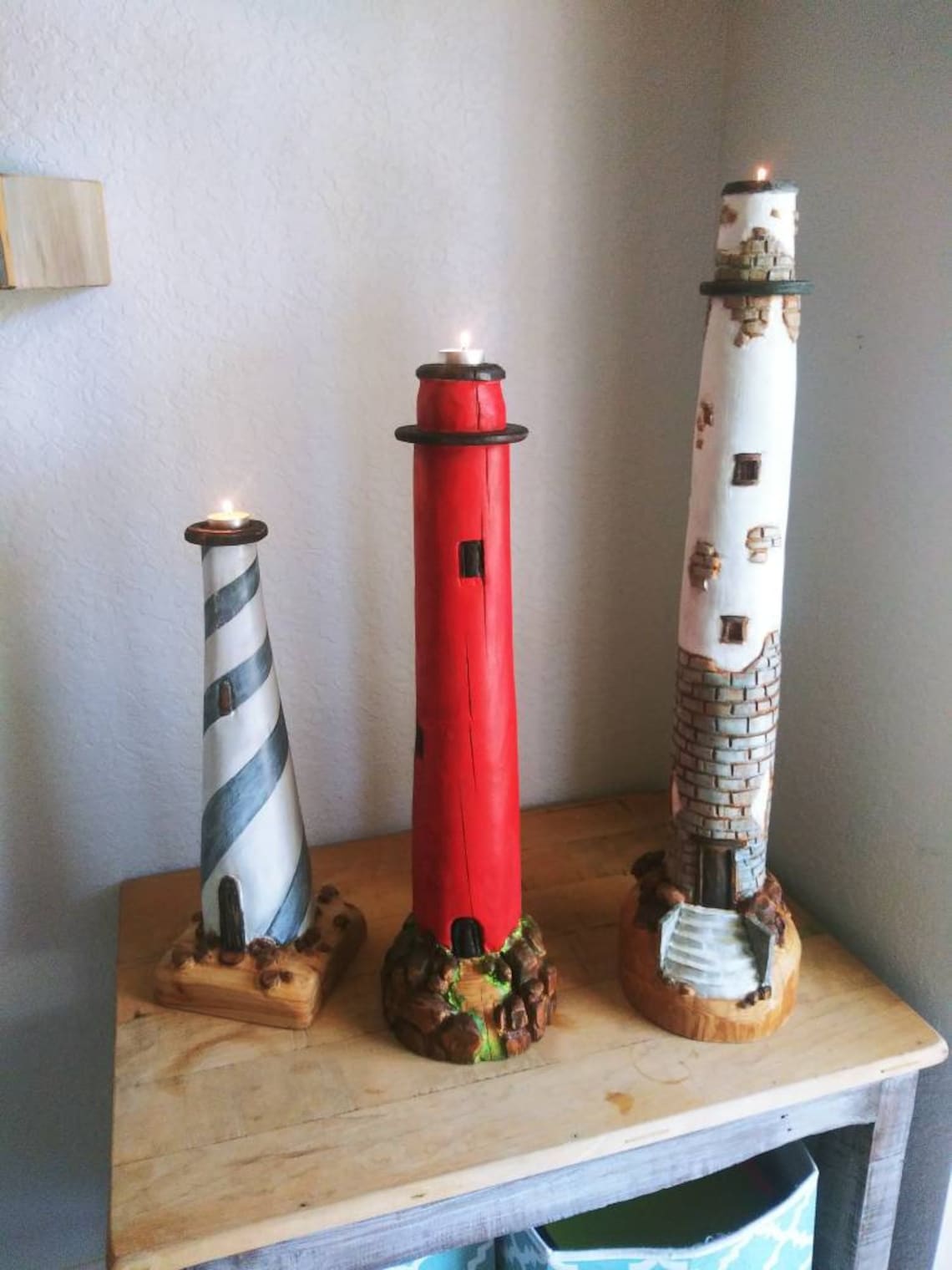 Wood Carved Lighthouse Candle Holder Etsy