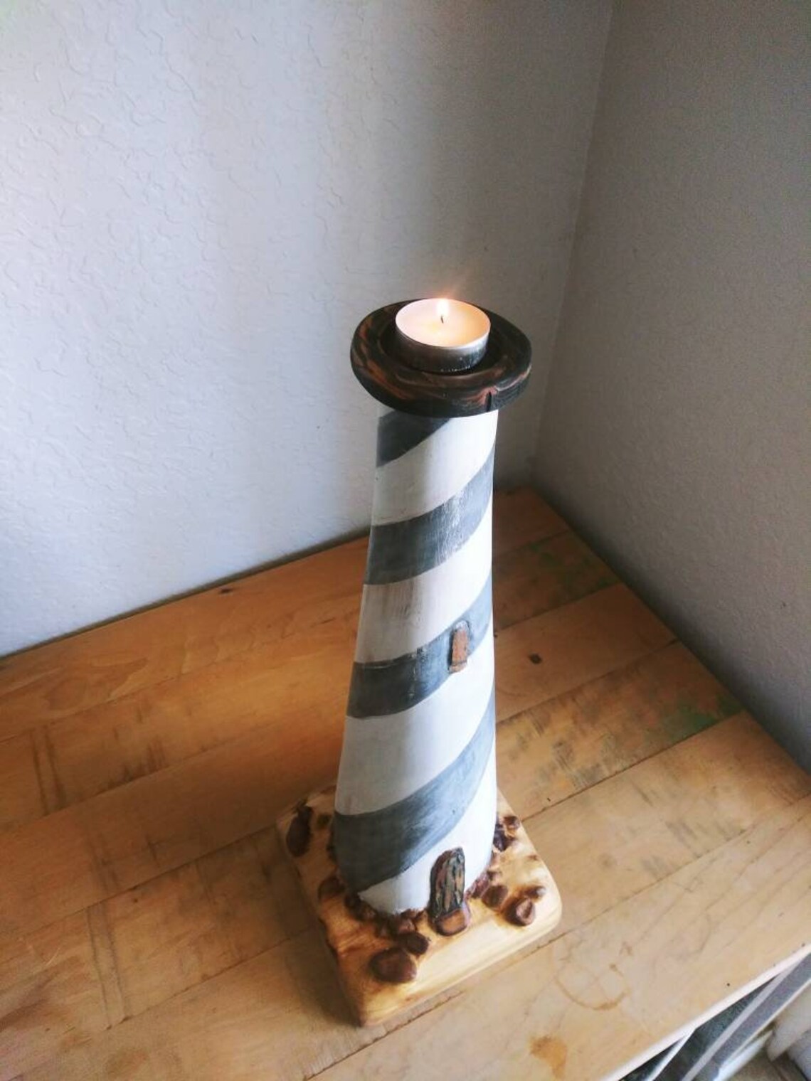 Wood Carved Lighthouse Candle Holder Etsy