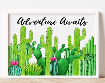 Adventure Awaits | Cactus Wall Print | Cactus Poster | Cactus Art Print | Cactus Illustration | Cactus Painting | Succulent Art Print