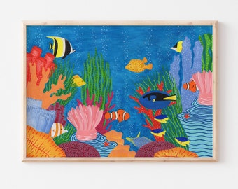 Tropical Coral Reef Print | Under the Sea Print | Tropical Fish Print | Marine Life Art | Sealife Nursery | Fish Illustration