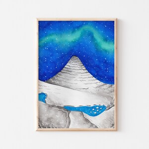 Stampa artistica del monte Kirkjufell, Islanda / Paesaggio innevato con aurora boreale / Poster per le vacanze invernali