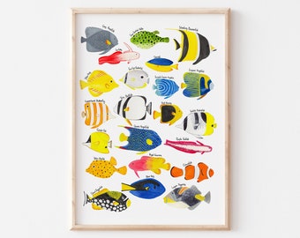 Tropical Fish Species Illustration Print | Colourful Marine Life Art | Under the Sea Nursery Decor | Ocean Life Bathroom Wall Print