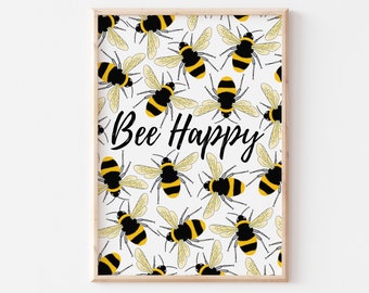 Bee Happy / Bumblebee Print / Bee Art Print / Bumblebee Home Decor / Bumblebee Art / Bee Illustration / Insect Print / Bee Lover Gift