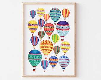 Hot Air Balloon Art Print | Cute Baby Shower Gift for Nursery | Quirky Kids Bedroom | Playroom Decor | Colourful Illustration for Children