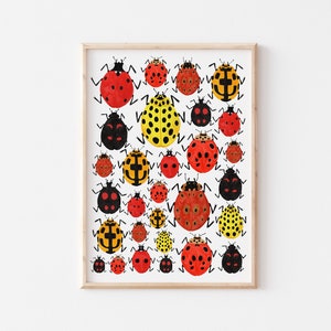Impression de coccinelles et de coléoptères du jardin | Impression d'art mural insectes | Décoration de chambre d'enfant mignonne | Cadeau de pendaison de crémaillère pour amoureux de la faune