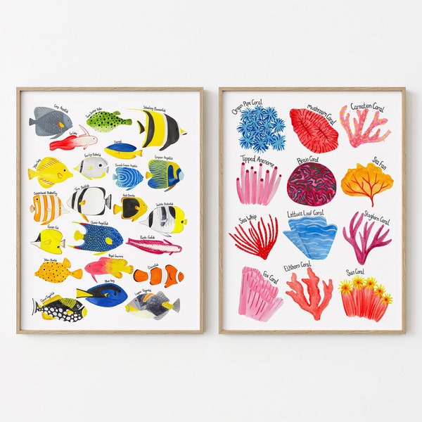 Types of Fish and Coral Poster Pair Set | Set of 2 Sealife Art Prints | Two Piece Duo Marine Life Wall Art | Sealife Illustration Duo Set