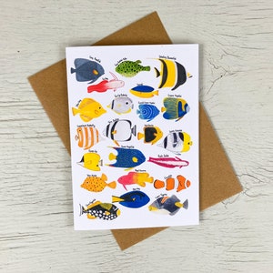 Collection de poissons tropicaux de récif | de voeux | illustrée Sea Life | carte colorée de poisson | Papeterie mignonne de vie marine | Art de l'océan