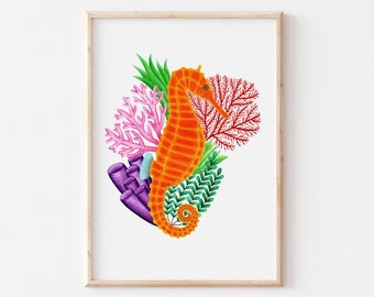 Tropical Coral Reef Seahorse Print | Ocean Life Art | Sea Life Gifts | Bright Summer Wall Decor for Bathroom | A3 A4 A5 Illustrated Print