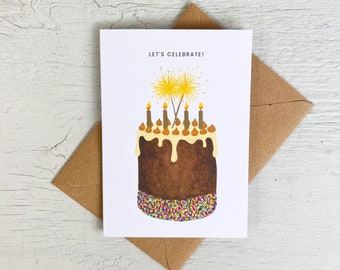 Tarjeta de cumpleaños con pastel de chocolate / Feliz cumpleaños / Tarjeta de felicitación / Tarjetas originales / Ilustración / Tarjeta colorida / Tarjeta de cumpleaños divertida