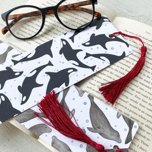 Grey Seal and Orca Whale Bookmark | Recycled Bookmark with Tassel | Cute Marine Mammal Stationery Gift | Sea Life Stocking Filler