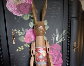 Antiqued French X Large Decoupaged Hennow Hare Rabbit Hand Carved Wooden Articulated Shelf Sitter Decoration Ornament