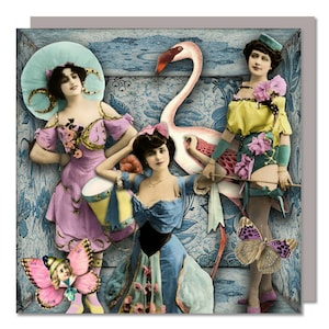 The Circus Is Coming! Whimsical vintage inspired greeting card featuring circus showgirls with a pink flamingo. Designed and made in UK.