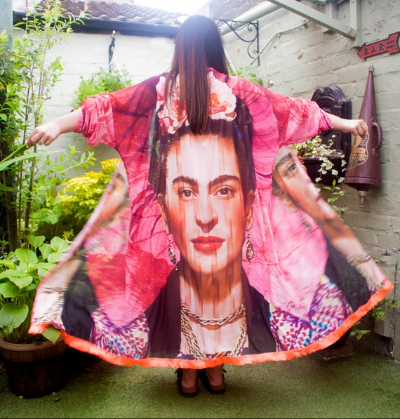 Boho Frida Kahlo Long Pink Sheer Chiffon Kimono Cardigan Duster Coat Made in Italy One Size Plus Size Beach Cover up Festival Etsy