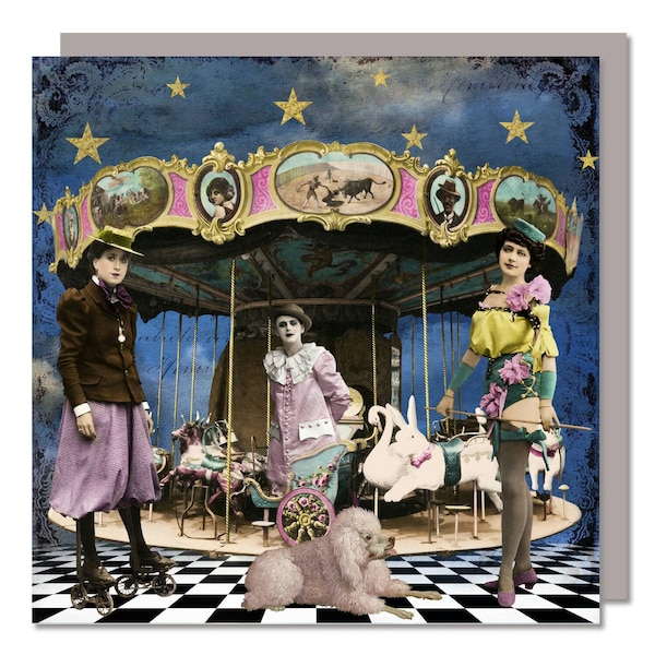 Vintage Circus Carousel! Whimsical vintage inspired greeting card featuring circus entertainers, white rabbit & pink poodle. Made in England