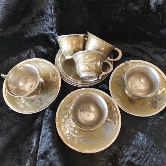 Brass Cup and Saucer Set for Tea Serving Engraving Luxury Tea Set