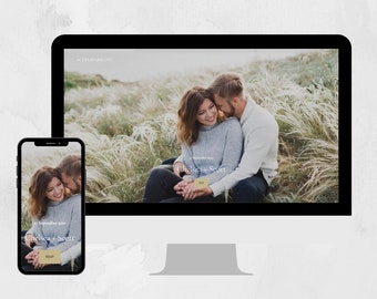 May include: A website homepage for a wedding photography business. The image shows a couple embracing in a field of tall grass. The website text reads "Our Wedding Story" and "Chelsea + Scott".