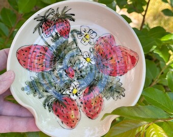 Strawberry Fields Forever Spoon Holder.Handmade Ceramic Spoon Rest. Hand Painted Small Plate Perfect to use as a Coaster or Soap Dish. N.C.