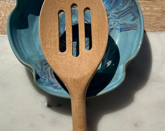 Handmade Pottery Spoon Rest. Hand Painted Blue Abstract Dots.Glazed Pottery. Small Plate Perfect to use as a Coaster or Soap Dish. N.C. Made