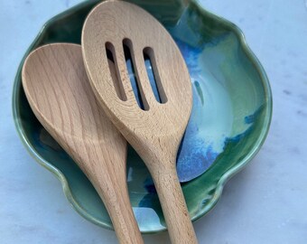 Wheel Thrown Stoneware Spoon Rest. Beautiful Green and Blue.Handmade Ceramic Small Plate Perfect to use as a Coaster or Soap Dish. N.C. Made