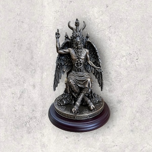 Vintage Baphomet Statue With Wooden Base - Cold Cast Bronze - Sabbatic Goat Occult Altar Statue