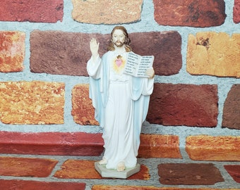 Statue vintage du Sacré-Cœur de Jésus - Décoration d'intérieur chrétienne Cadeau de confirmation Baptême - Jésus avec l'Ancien Testament