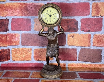 Vintage Atlas Clock Statue - Greek Titan Atlas Carrying Globe Desk Clock Statue