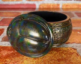 Vintage Egyptian Emerald Scarab Trinket Box - Hieroglyphic Desk Box