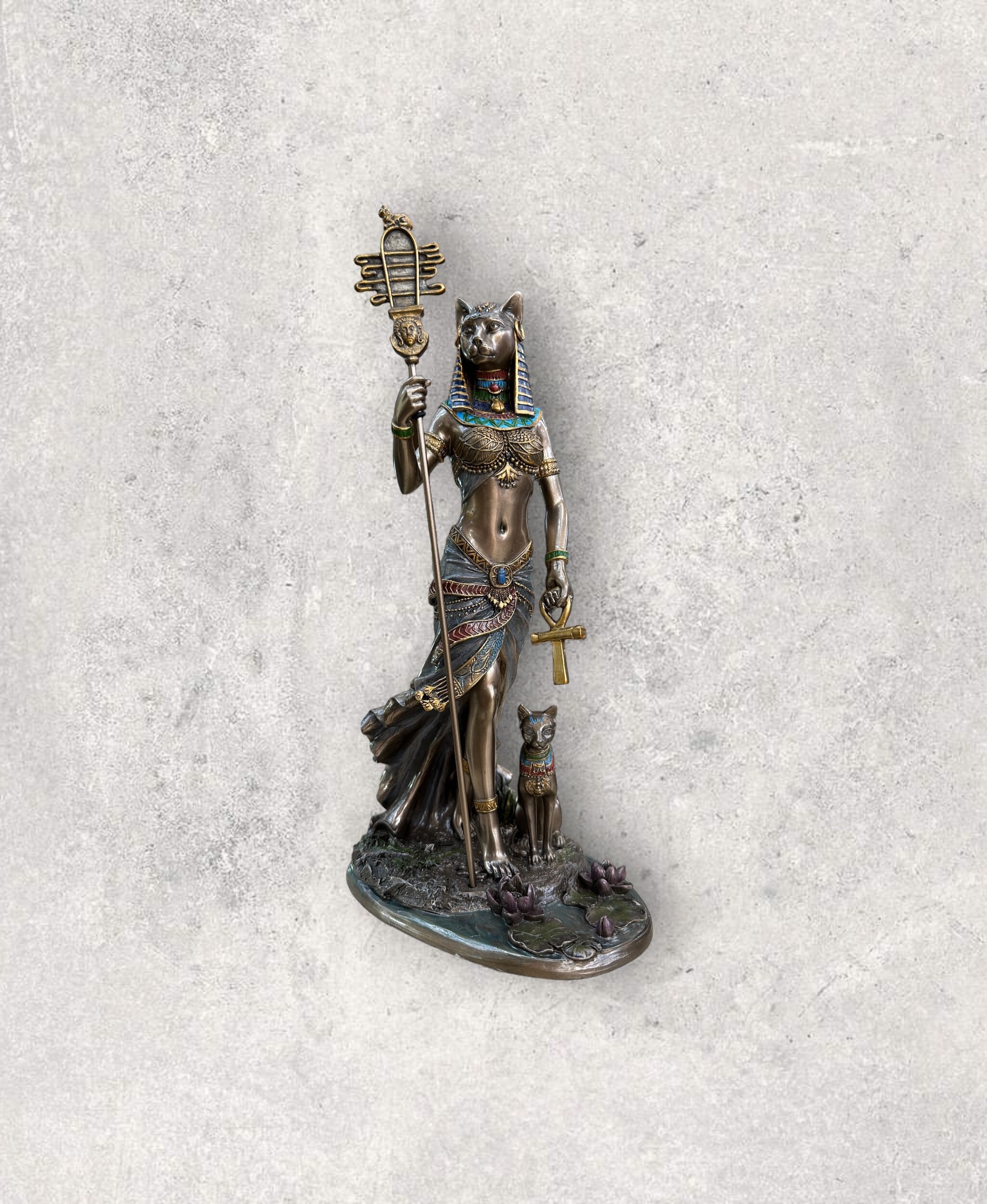 Vintage Bastet Holding Ankh and Sistrum Statue - Egyptian Cat Goddess Bast